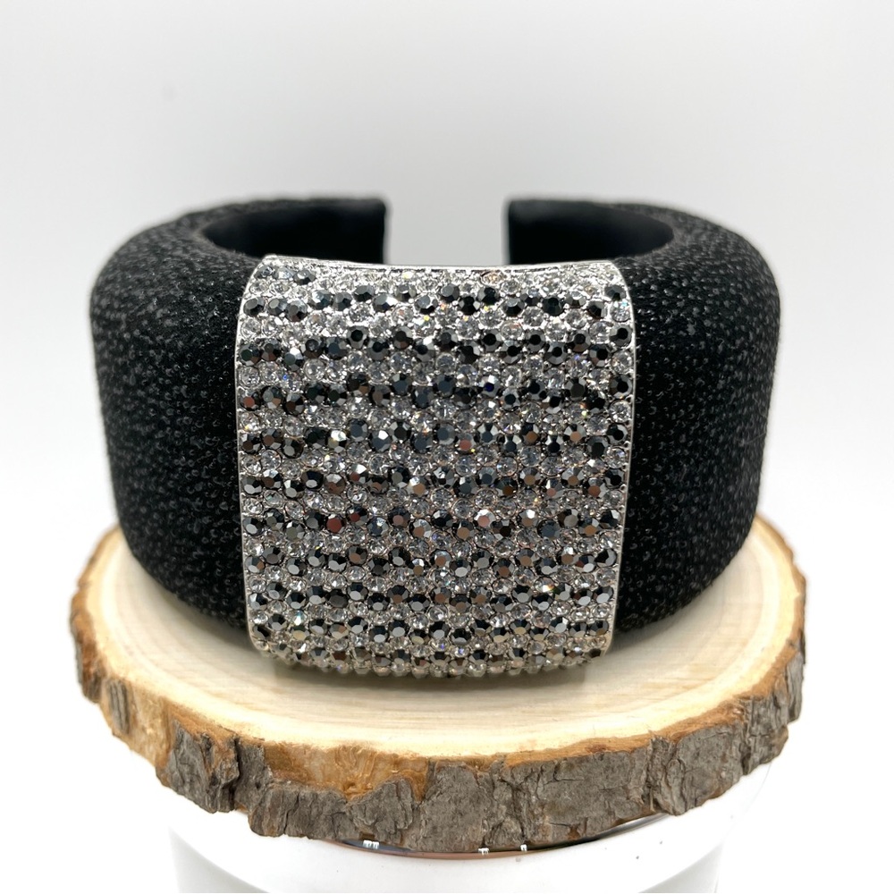 Chunky Contemporary Black & Crystal Statement Wide Cuff Bracelet